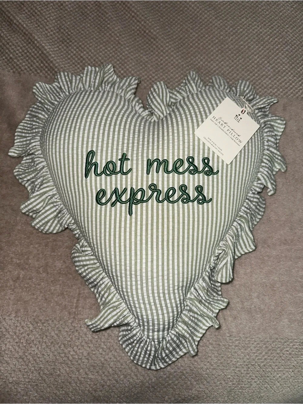 Striped Heart Green and White Embroidered Pillow with Ruffles - Hot Mess Express
